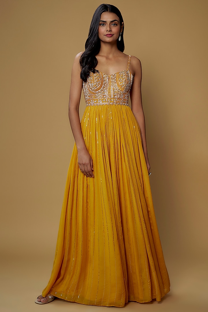 Yellow Georgette Embellished Gown by Chamee and Palak