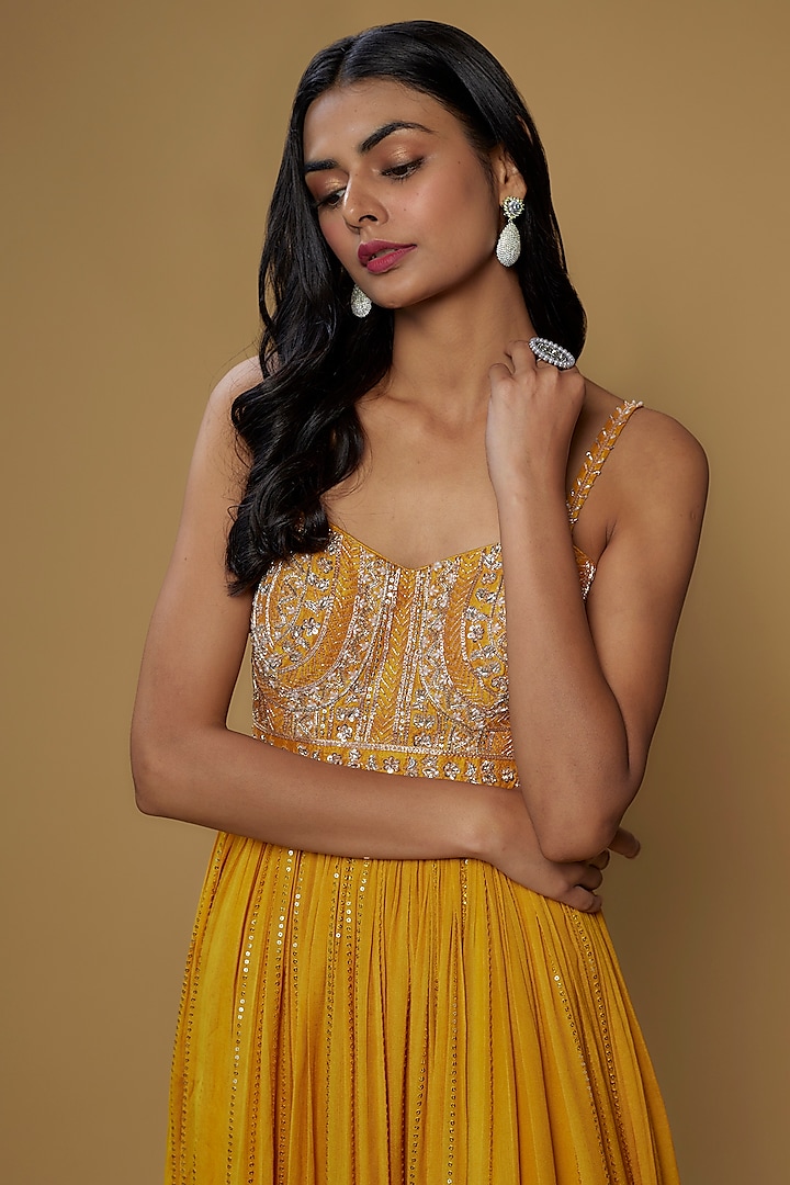 Yellow Georgette Embellished Engagement Gown by Chamee and Palak at Pernia's Pop Up Shop