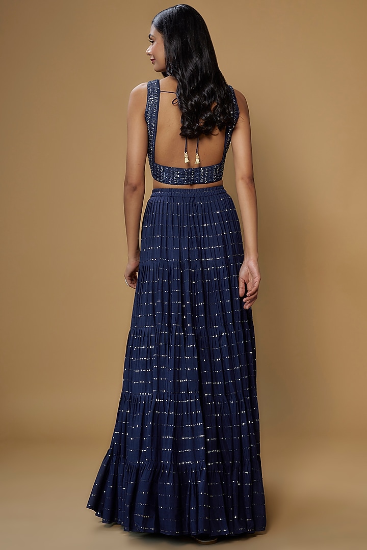 Blue Georgette Embellished Frilled Wedding Lehenga Set by Chamee and Palak at Pernia's Pop Up Shop
