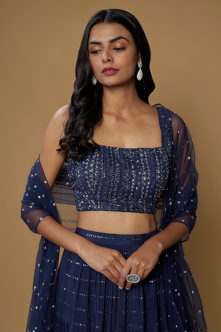 Chamee and Palak - Blue Saree Georgette Embellished Sequins Plunge V Ivy  With Bralette For Women