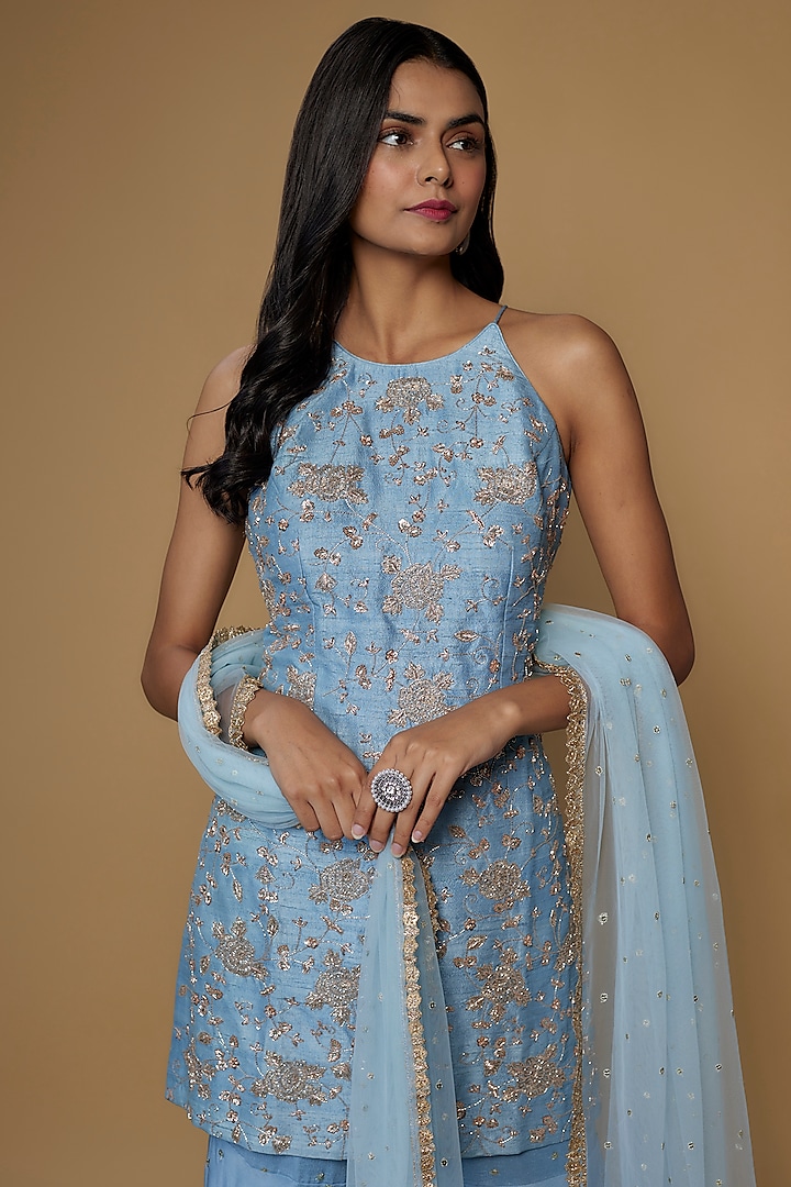 Blue Georgette Wedding Sharara Set by Chamee and Palak at Pernia's Pop Up Shop