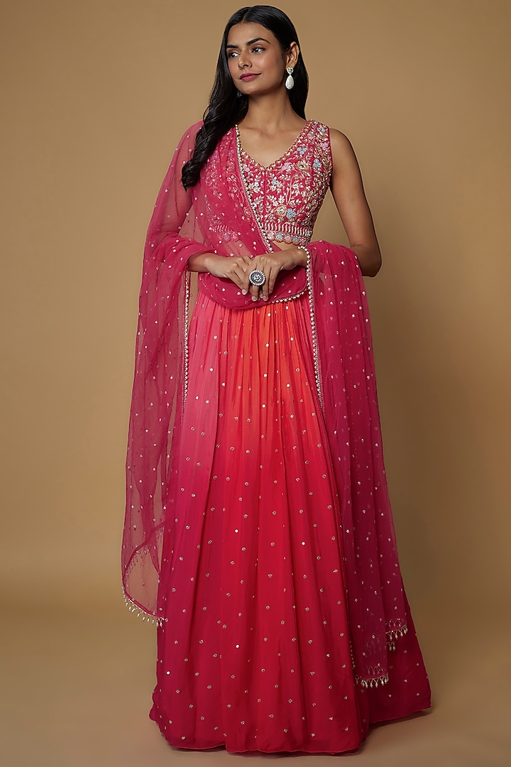 Pink Georgette Shaded Wedding Lehenga Set by Chamee and Palak at Pernia's Pop Up Shop