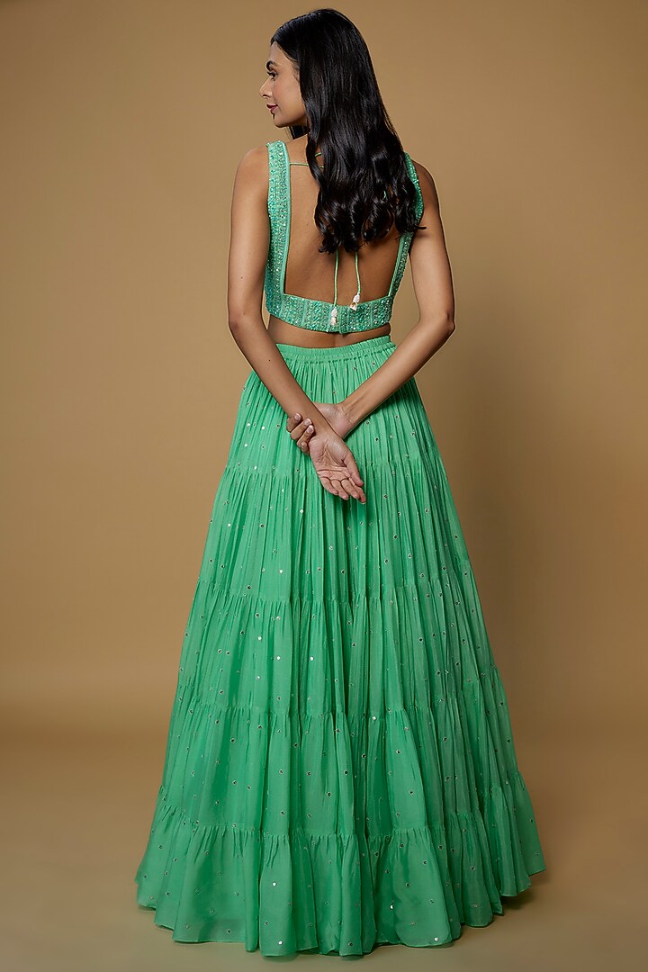 Green Georgette Embellished Frilled Wedding Lehenga Set by Chamee and Palak at Pernia's Pop Up Shop