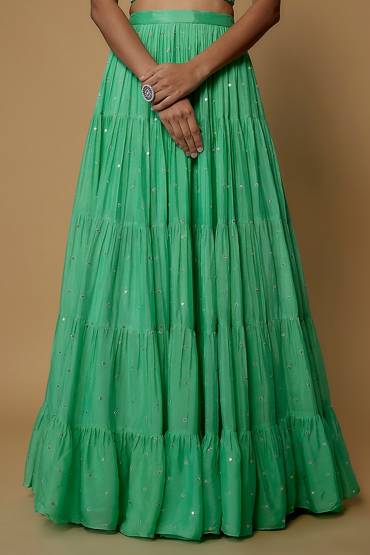 Green Georgette Embellished Frilled Wedding Lehenga Set by Chamee and Palak at Pernia's Pop Up Shop