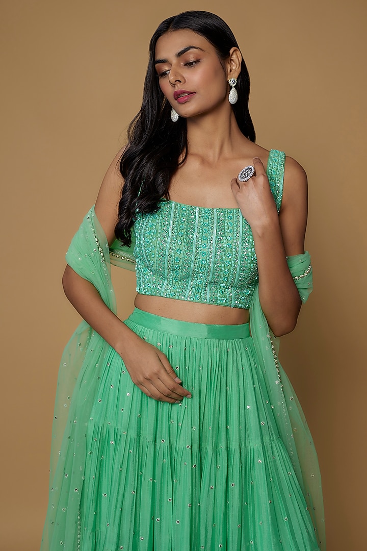 Green Georgette Embellished Frilled Wedding Lehenga Set by Chamee and Palak at Pernia's Pop Up Shop