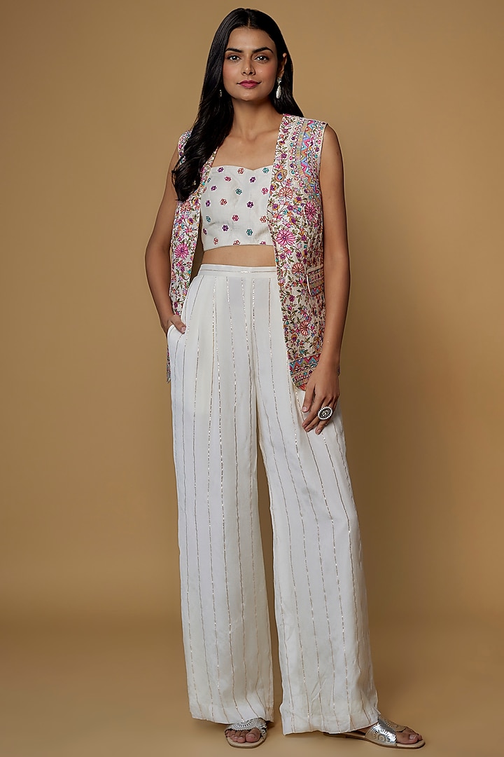 Ivory Raw Silk Embroidered Jacket Set by Chamee and Palak