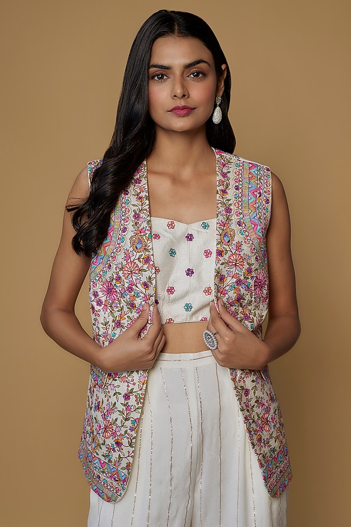 Ivory Raw Silk Embroidered Jacket Set by Chamee and Palak at Pernia's Pop Up Shop