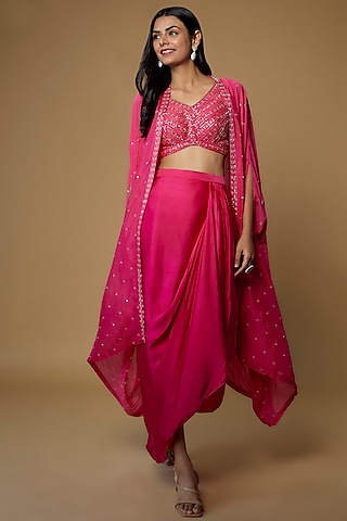 Pink Georgette Embroidered Cape Set by Chamee and Palak