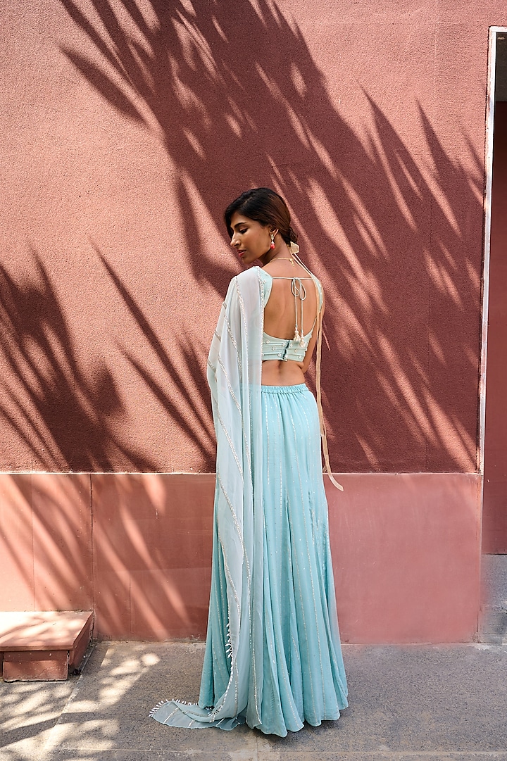 Dusty Blue Georgette Embroidered Pre-Stitched Wedding Saree Set by Chamee and Palak at Pernia's Pop Up Shop