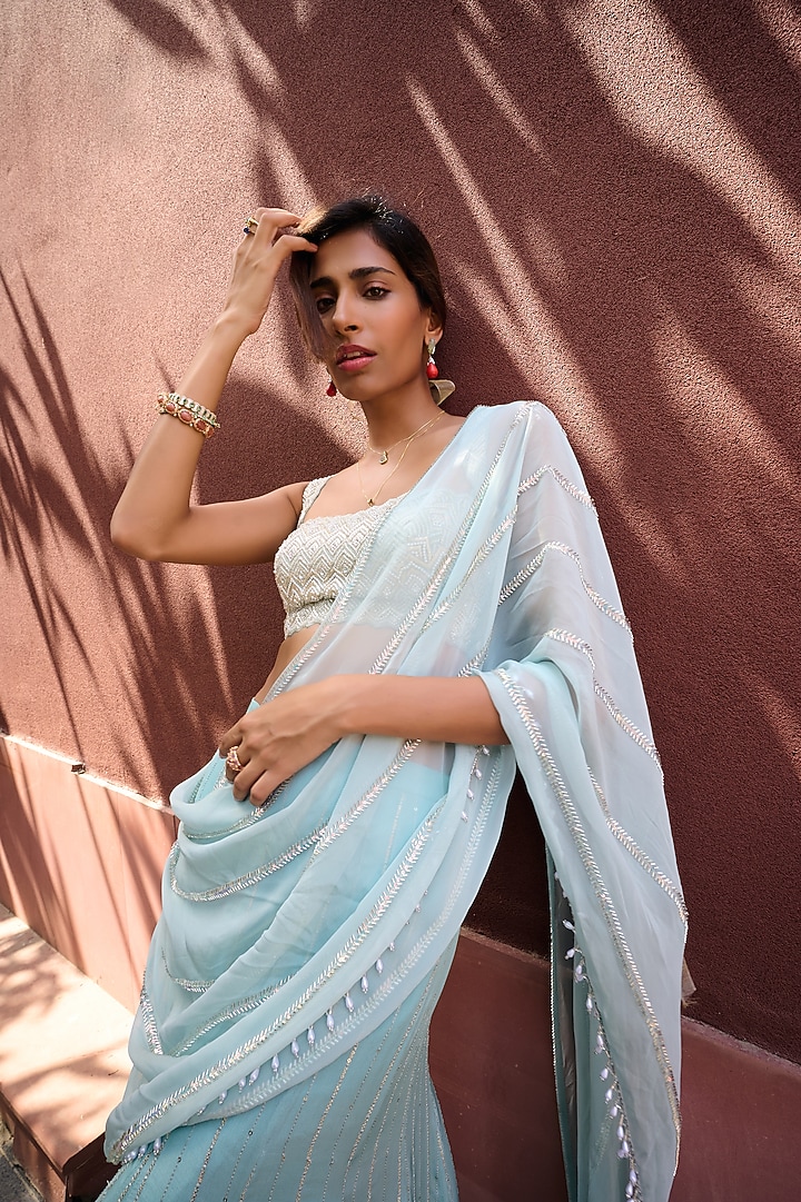 Dusty Blue Georgette Embroidered Pre-Stitched Wedding Saree Set by Chamee and Palak at Pernia's Pop Up Shop