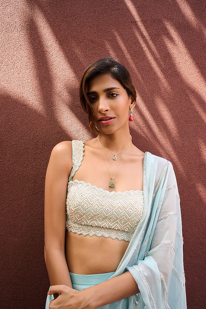 Dusty Blue Georgette Embroidered Pre-Stitched Wedding Saree Set by Chamee and Palak at Pernia's Pop Up Shop
