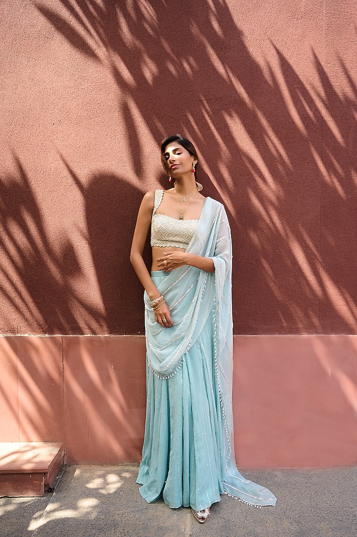 Dusty Blue Georgette Embroidered Pre-Stitched Wedding Saree Set by Chamee and Palak at Pernia's Pop Up Shop