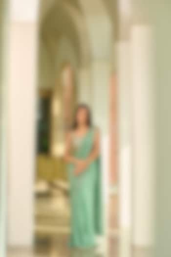 Green Georgette Sequin Pre-Draped Wedding Saree Set by Chamee and Palak at Pernia's Pop Up Shop