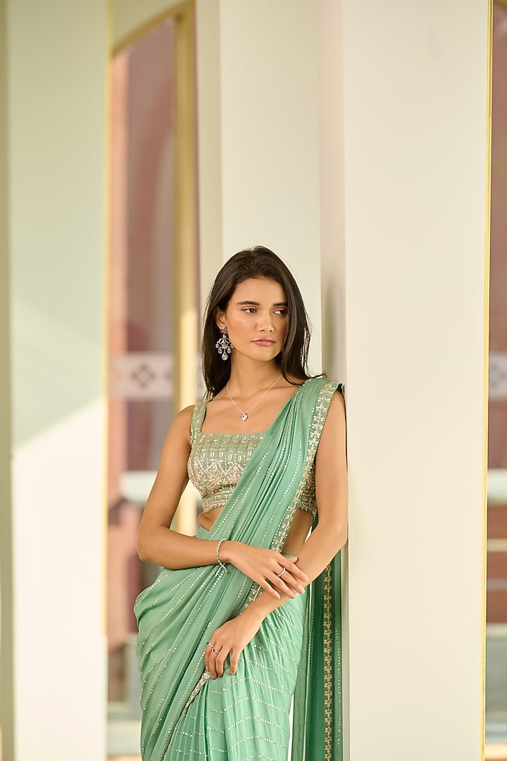 Green Georgette Sequin Pre-Draped Wedding Saree Set by Chamee and Palak at Pernia's Pop Up Shop