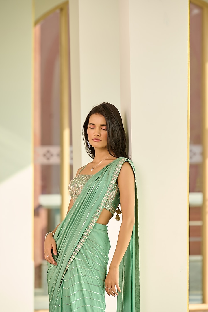 Green Georgette Sequin Pre-Draped Wedding Saree Set by Chamee and Palak at Pernia's Pop Up Shop