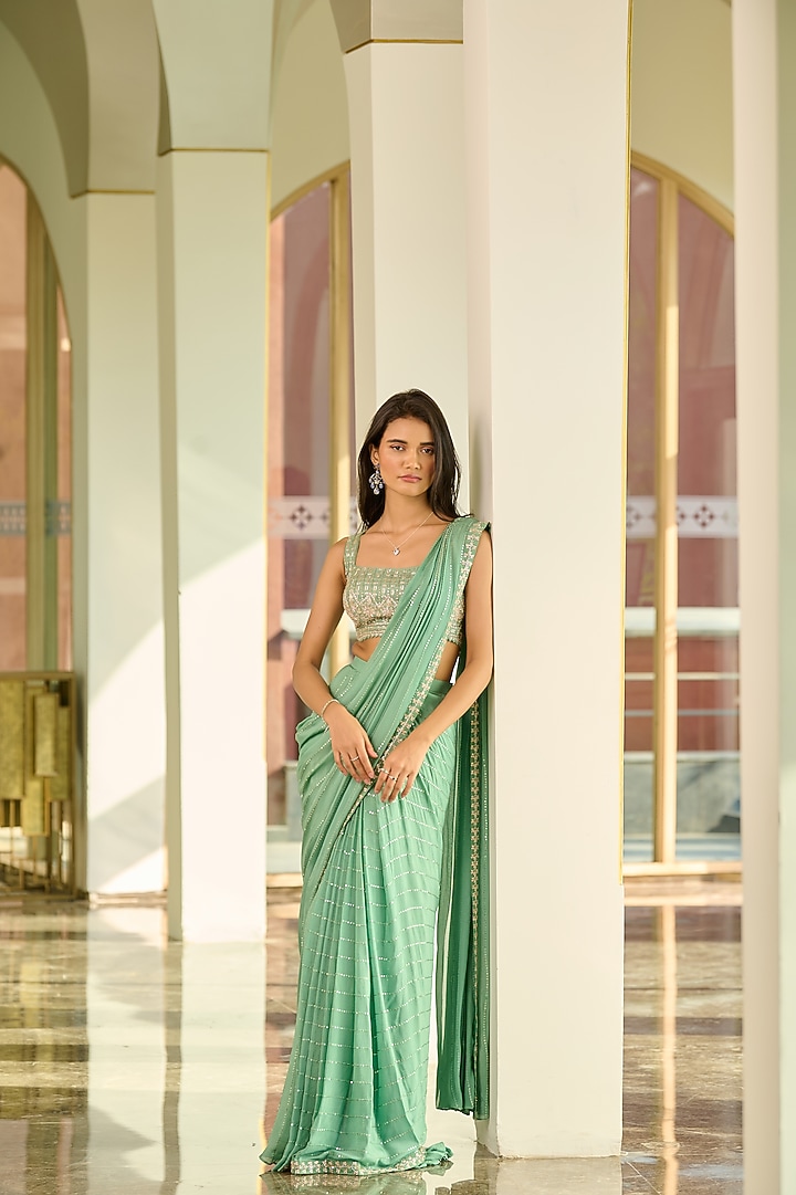 Green Georgette Sequin Pre-Draped Wedding Saree Set by Chamee and Palak at Pernia's Pop Up Shop