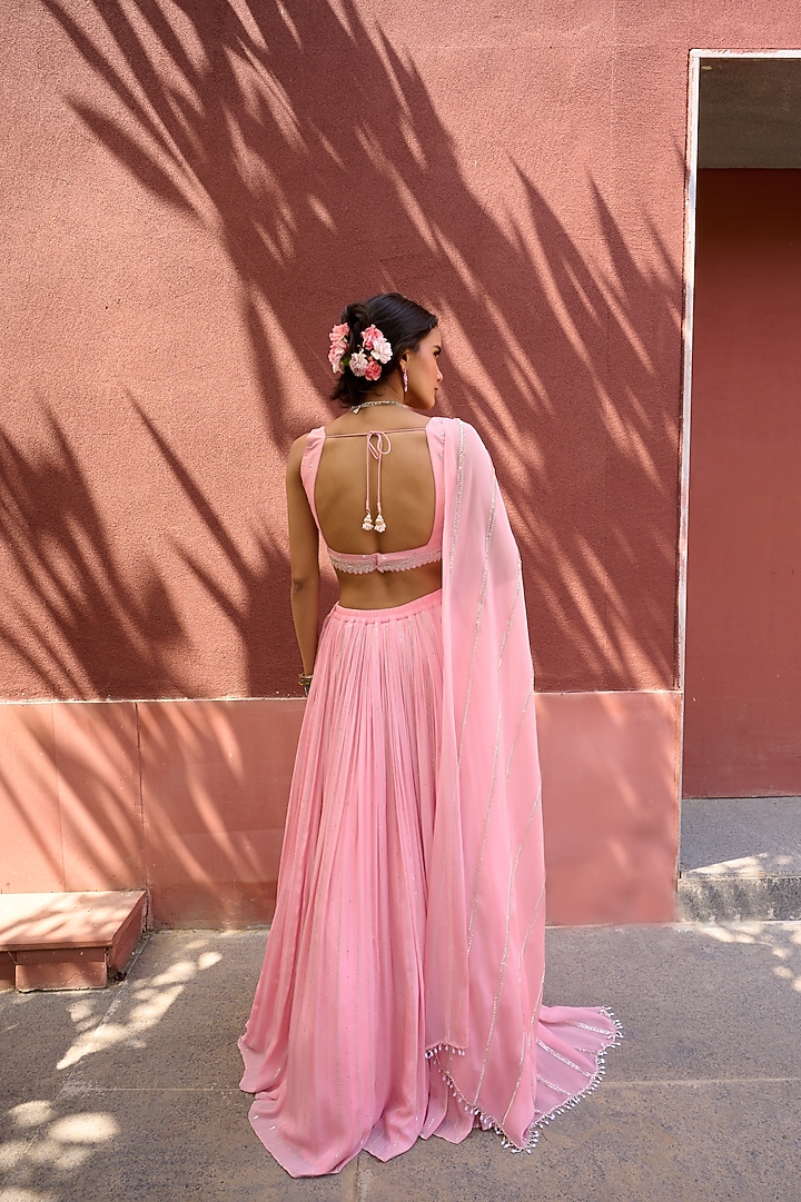 Peach Georgette Sequin Work Wedding Lehenga Set by Chamee and Palak at Pernia's Pop Up Shop