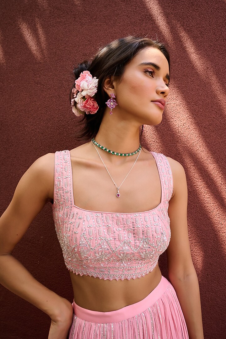 Peach Georgette Sequin Work Wedding Lehenga Set by Chamee and Palak at Pernia's Pop Up Shop
