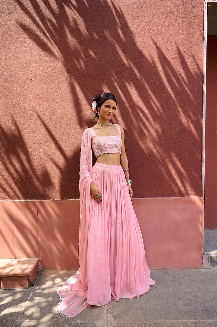 Peach Georgette Sequin Work Wedding Lehenga Set by Chamee and Palak at Pernia's Pop Up Shop