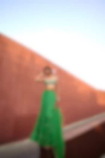Green Jamawar Tiered Flared Wedding Lehenga Set by Chamee and Palak at Pernia's Pop Up Shop