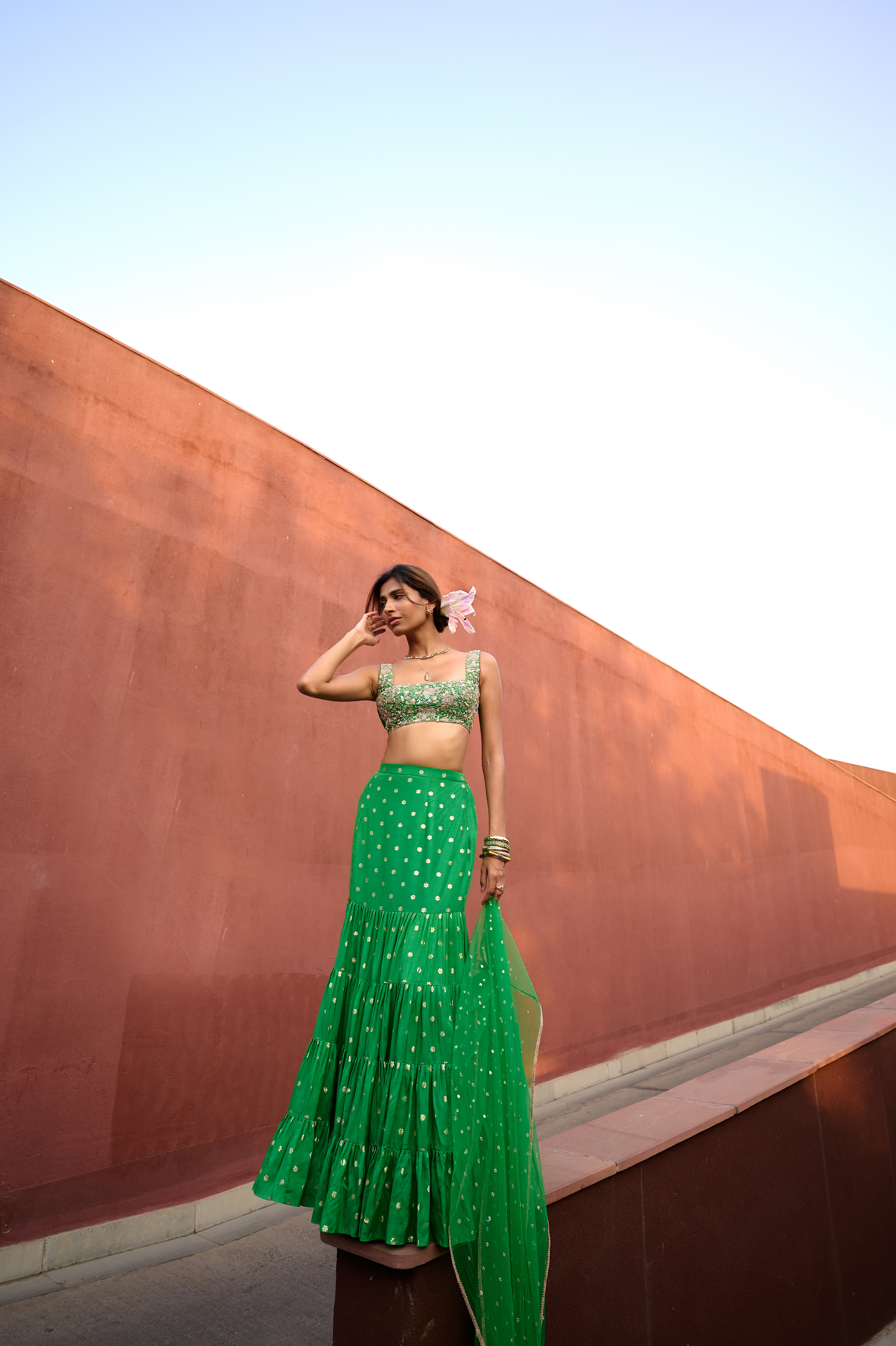 Green Jamawar Tiered Flared Wedding Lehenga Set by Chamee and Palak at Pernia's Pop Up Shop