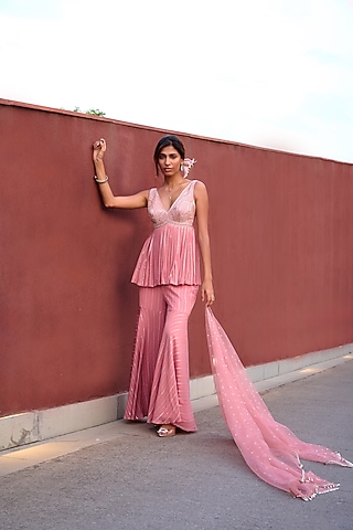 Mauve Pink Georgette Sequin Sharara Set by Chamee and Palak