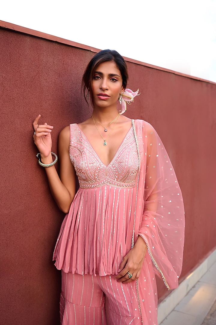 Mauve Pink Georgette Sequin Wedding Sharara Set by Chamee and Palak at Pernia's Pop Up Shop