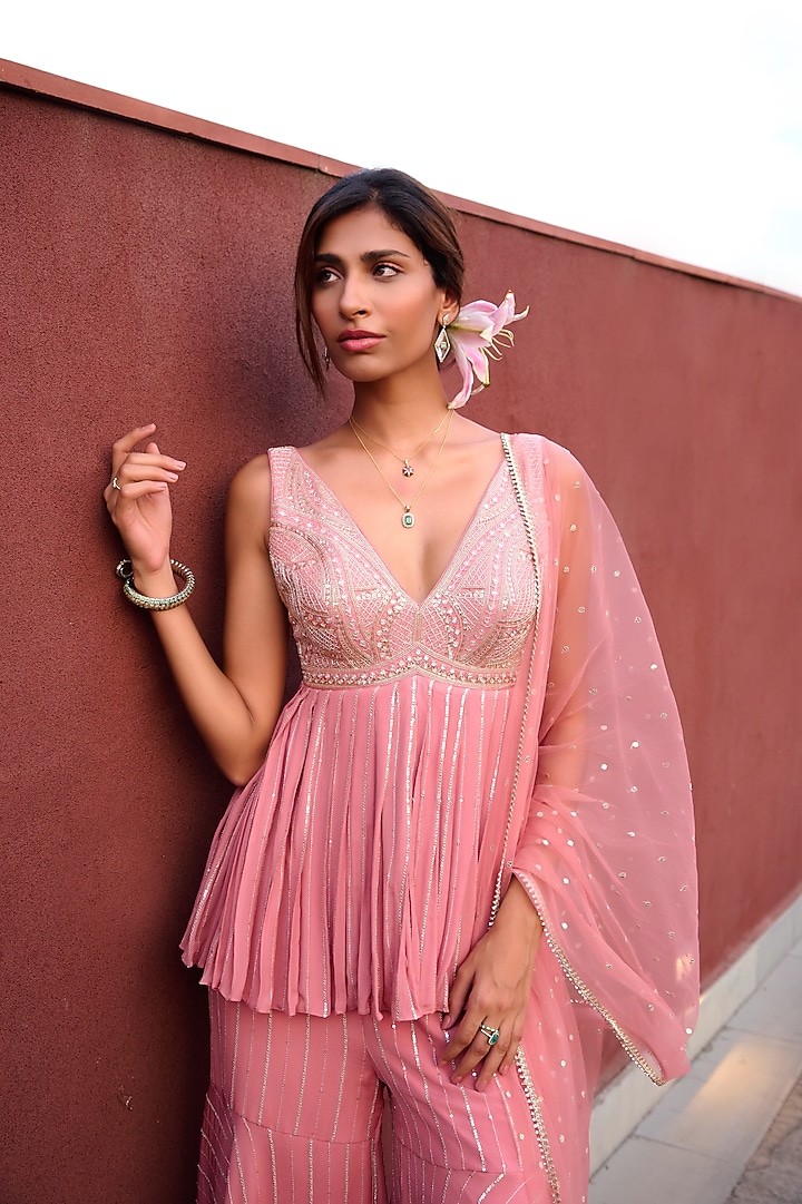 Mauve Pink Georgette Sequin Wedding Sharara Set by Chamee and Palak at Pernia's Pop Up Shop