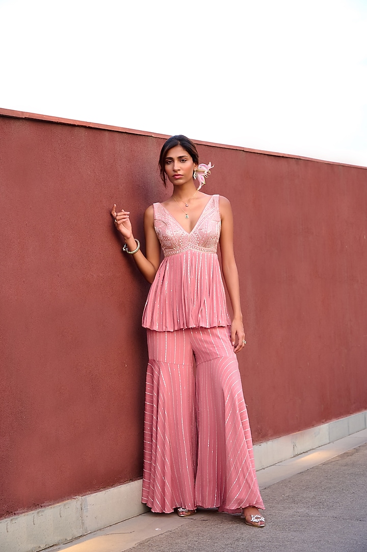 Mauve Pink Georgette Sequin Wedding Sharara Set by Chamee and Palak at Pernia's Pop Up Shop