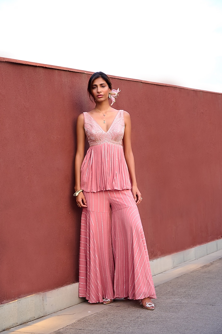 Mauve Pink Georgette Sequin Wedding Sharara Set by Chamee and Palak at Pernia's Pop Up Shop
