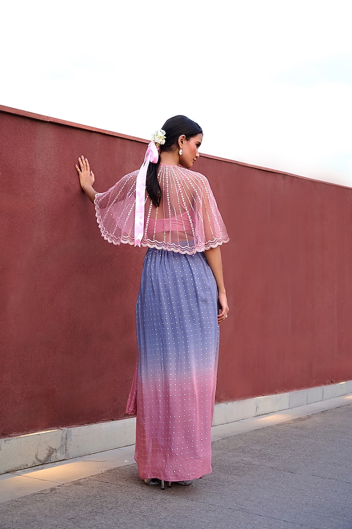 Grey & Mauve Pink Ombre Georgette Draped Skirt Set by Chamee and Palak at Pernia's Pop Up Shop