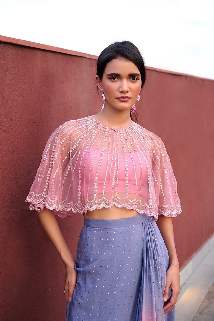 Grey & Mauve Pink Ombre Georgette Draped Skirt Set by Chamee and Palak at Pernia's Pop Up Shop