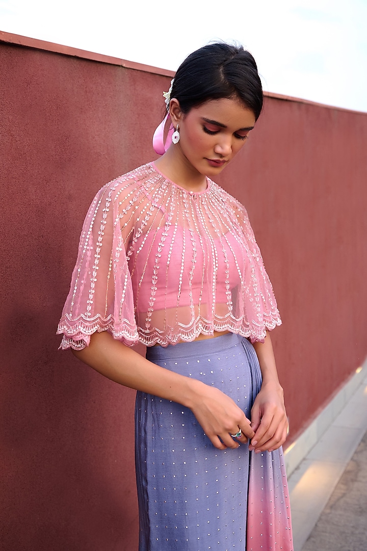 Grey & Mauve Pink Ombre Georgette Draped Skirt Set by Chamee and Palak at Pernia's Pop Up Shop