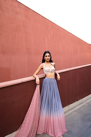 Grey & Mauve Pink Ombre Georgette Lehenga Set by Chamee and Palak