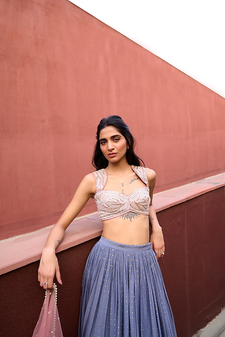 Grey & Mauve Pink Ombre Georgette Wedding Lehenga Set by Chamee and Palak at Pernia's Pop Up Shop