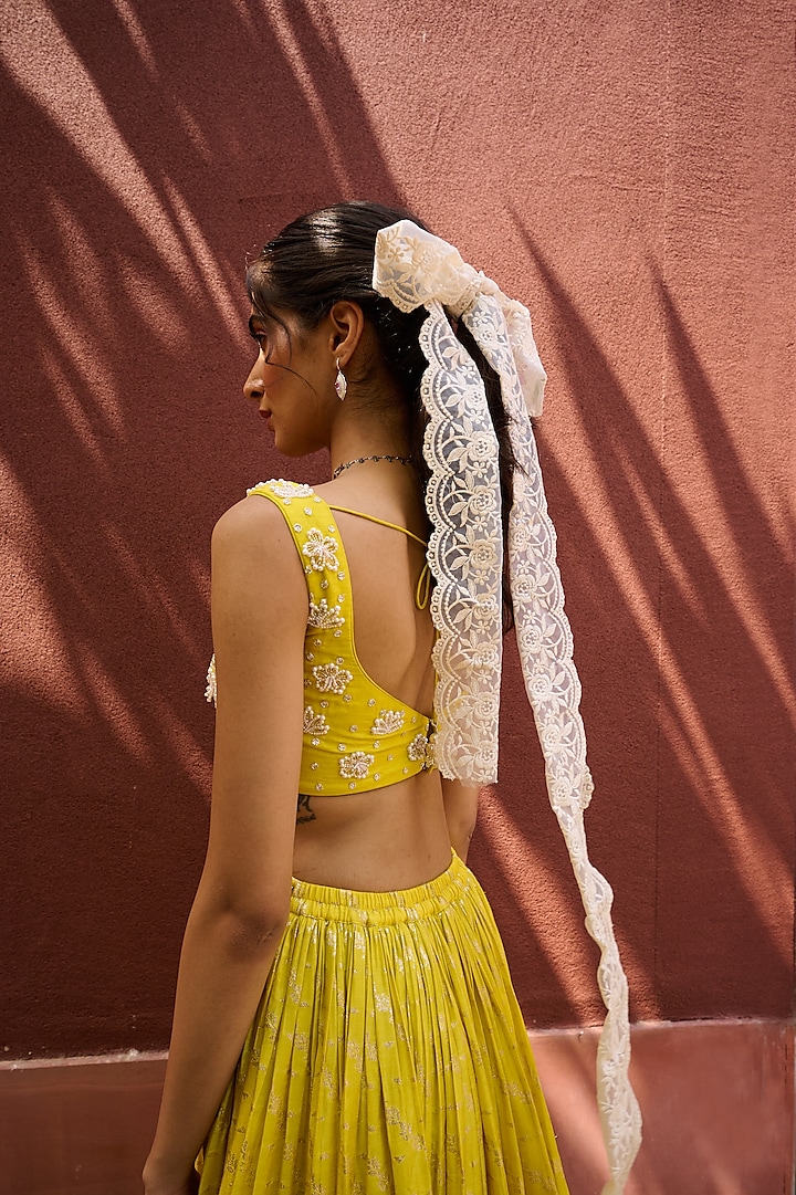 Yellow Jamawar Ruched Wedding Lehenga Set by Chamee and Palak at Pernia's Pop Up Shop