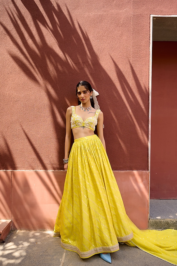 Yellow Jamawar Ruched Wedding Lehenga Set by Chamee and Palak at Pernia's Pop Up Shop