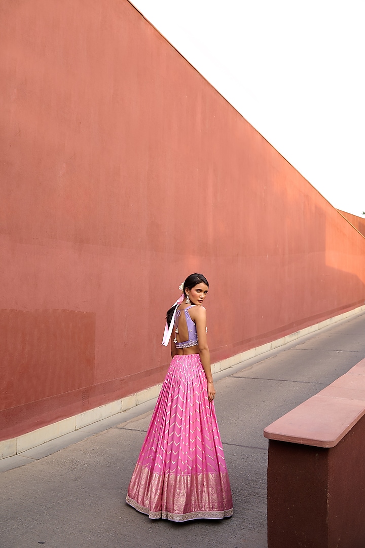 Pink Jamawar Chevron Ruched Wedding Lehenga Set by Chamee and Palak at Pernia's Pop Up Shop