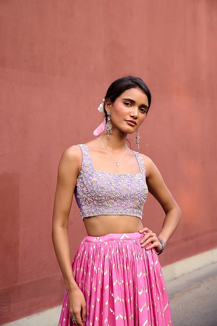 Pink Jamawar Chevron Ruched Wedding Lehenga Set by Chamee and Palak at Pernia's Pop Up Shop