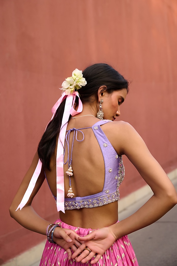 Pink Jamawar Chevron Ruched Wedding Lehenga Set by Chamee and Palak at Pernia's Pop Up Shop