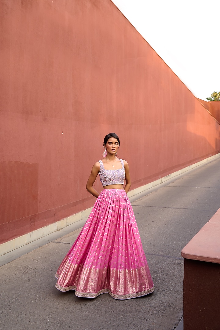 Pink Jamawar Chevron Ruched Wedding Lehenga Set by Chamee and Palak at Pernia's Pop Up Shop