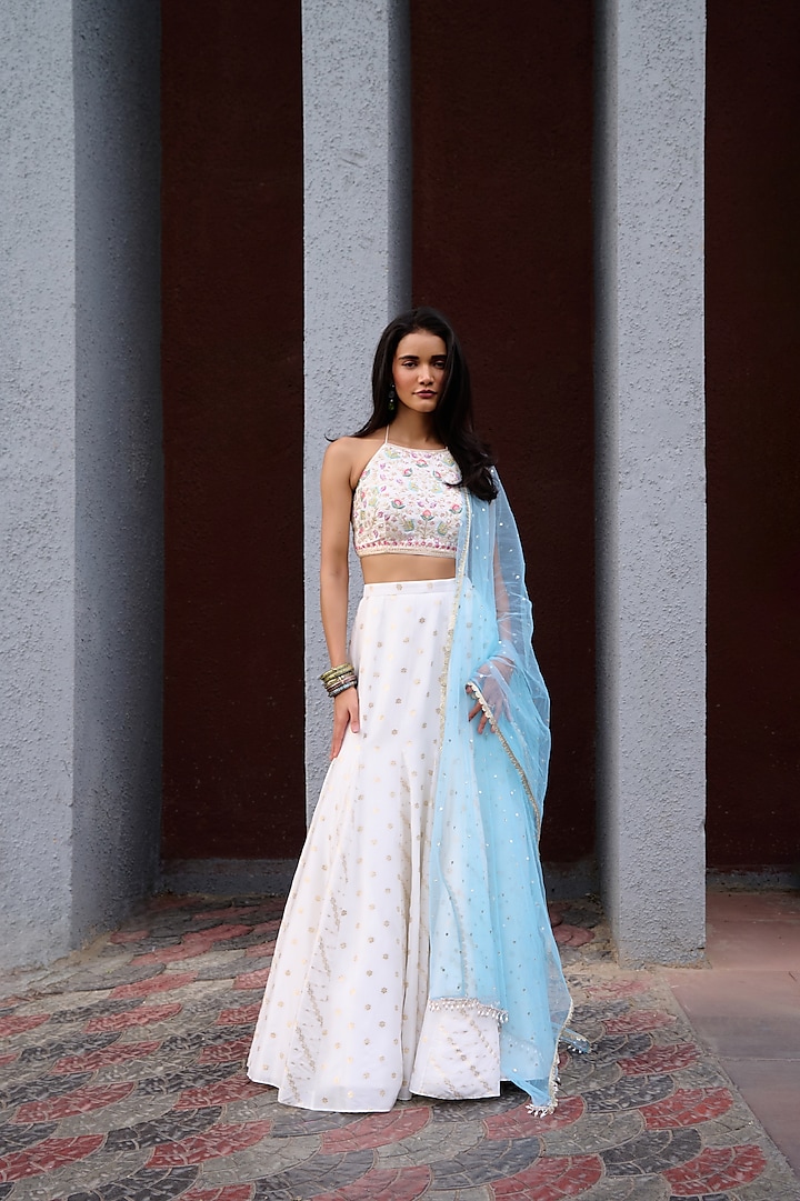 Ivory Jamawar Lehenga Set by Chamee and Palak