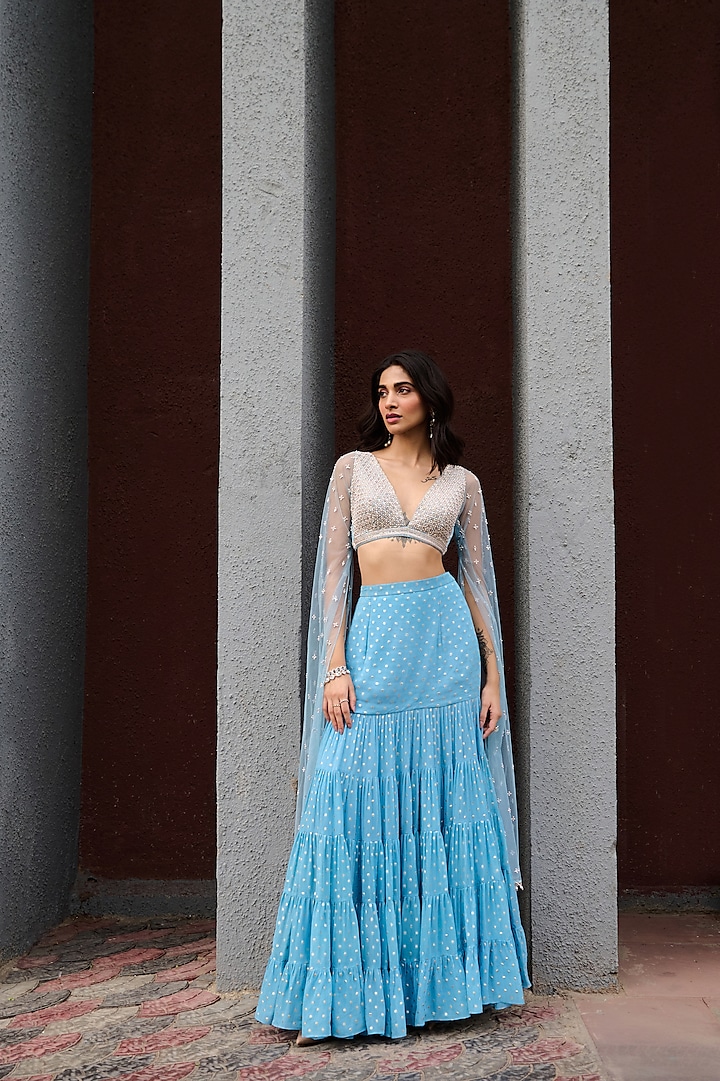 Blue Georgette Tiered Flared Lehenga Set by Chamee and Palak