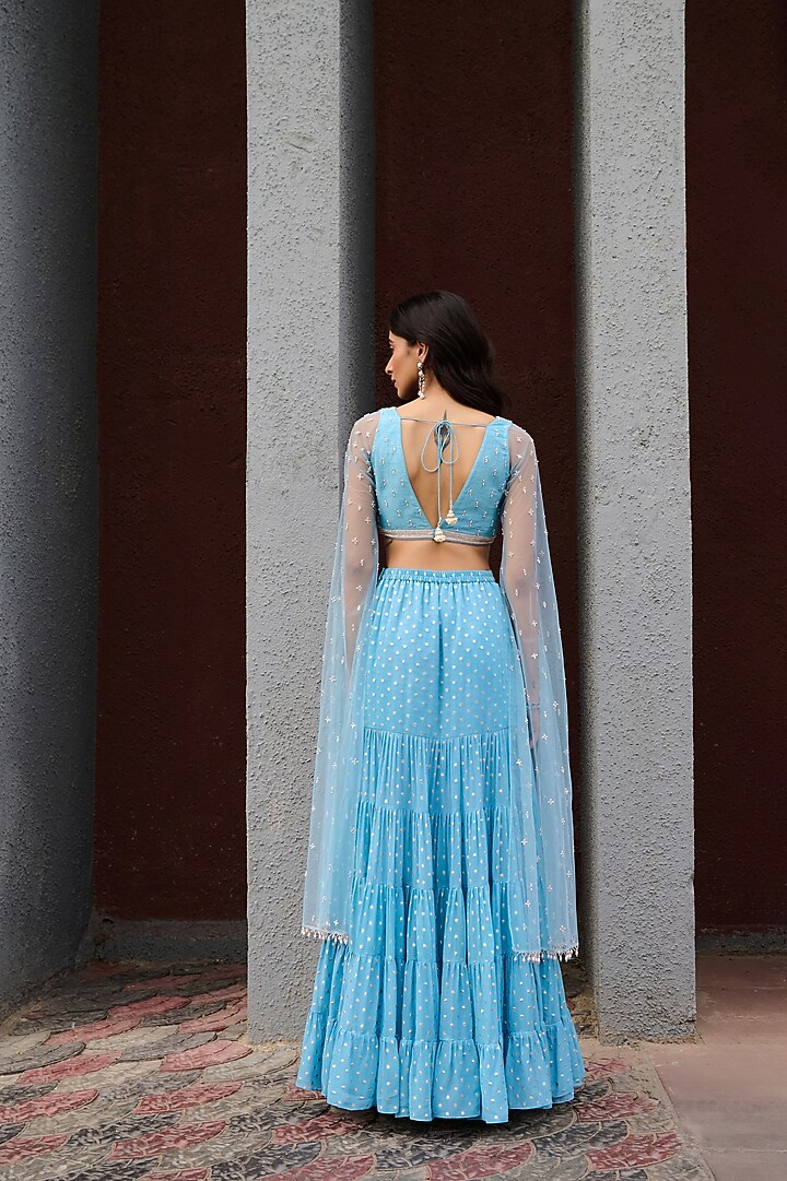 Blue Georgette Tiered Flared Wedding Lehenga Set by Chamee and Palak at Pernia's Pop Up Shop