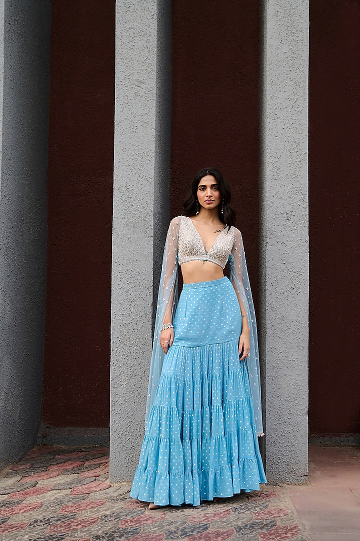 Blue Georgette Tiered Flared Wedding Lehenga Set by Chamee and Palak at Pernia's Pop Up Shop