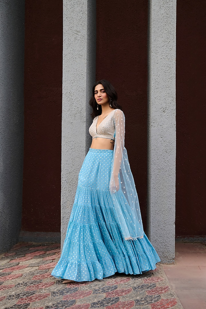 Blue Georgette Tiered Flared Wedding Lehenga Set by Chamee and Palak at Pernia's Pop Up Shop