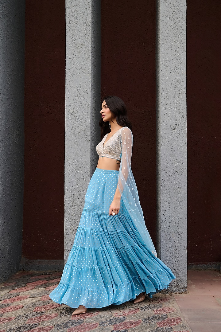 Blue Georgette Tiered Flared Wedding Lehenga Set by Chamee and Palak at Pernia's Pop Up Shop