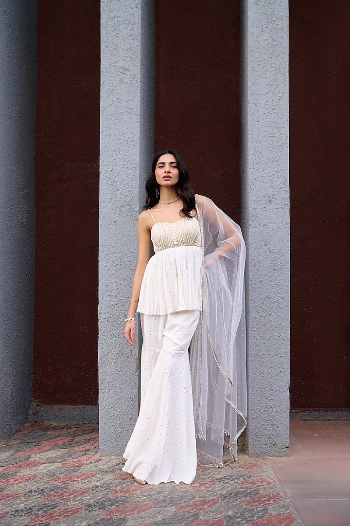Ivory Georgette Wedding Sharara Set by Chamee and Palak at Pernia's Pop Up Shop