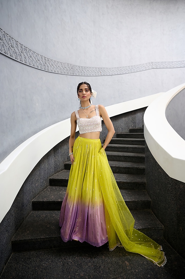 Lime Green & Lavender Ombre Georgette Sequin Work Lehenga Set by Chamee and Palak