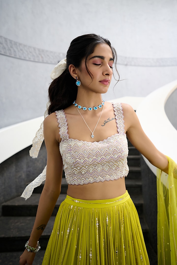 Lime Green & Lavender Ombre Georgette Sequin Work Wedding Lehenga Set by Chamee and Palak at Pernia's Pop Up Shop